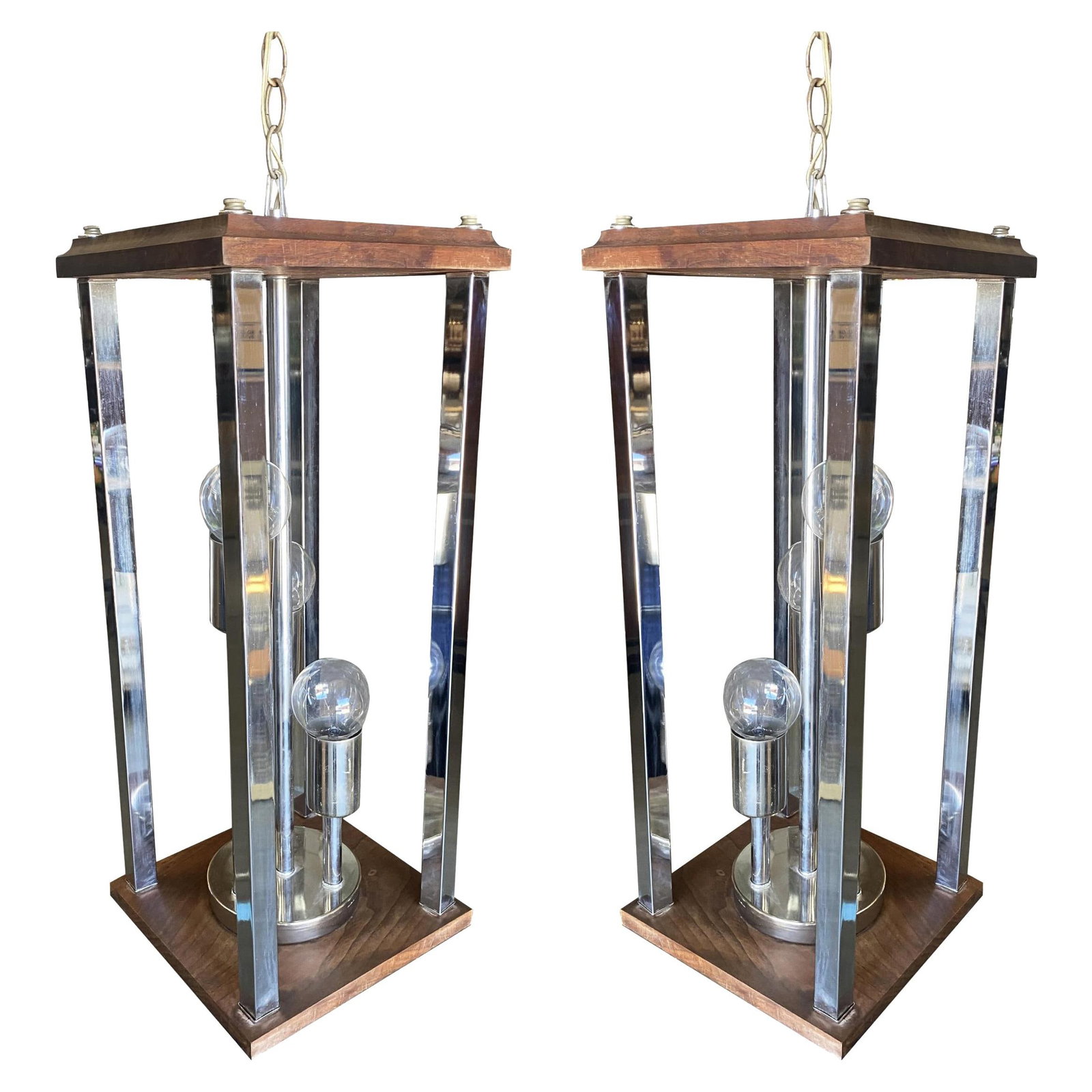 1970s Post Modern Teak and Chrome Pendant Light Fixture, Pair (1 of 5)
