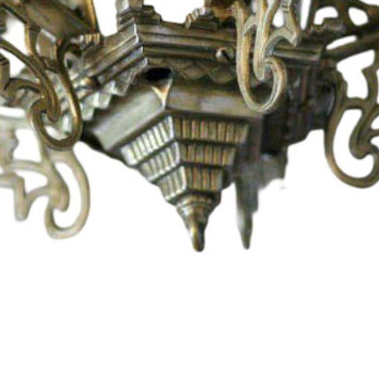 Art Deco Slat Glass Brass Dining Room Chandelier w/ Geometric Details - 3