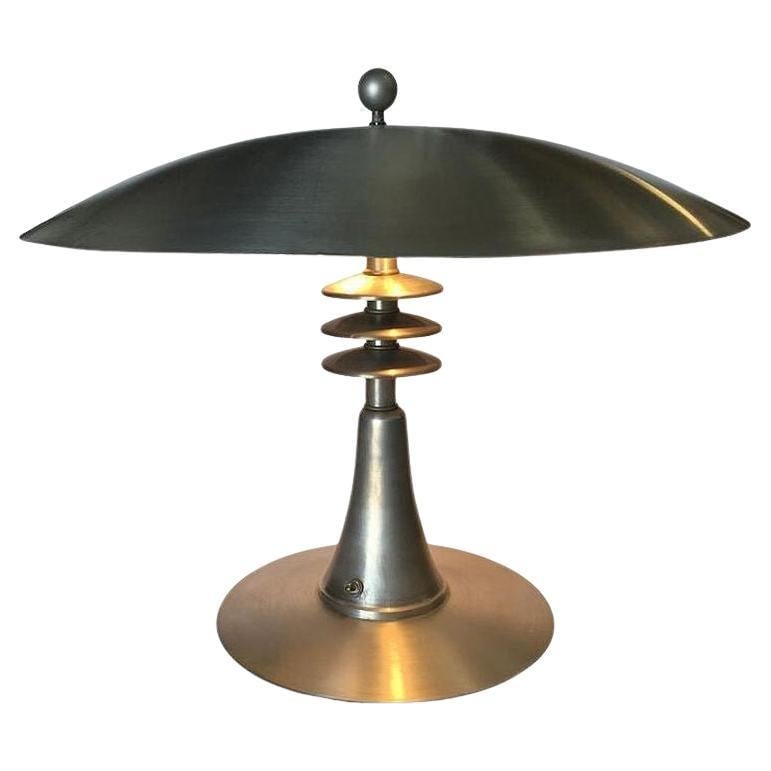 Art Deco Style Machine Age Table Lamp with Large Spun Aluminum Shade: Title: Art Deco Style Machine Age Table Lamp with Large Spun Aluminum Shade Description: This stunning aluminum Art Deco style table lamp features a large 20" spun aluminum shade fixed to a cone-shape