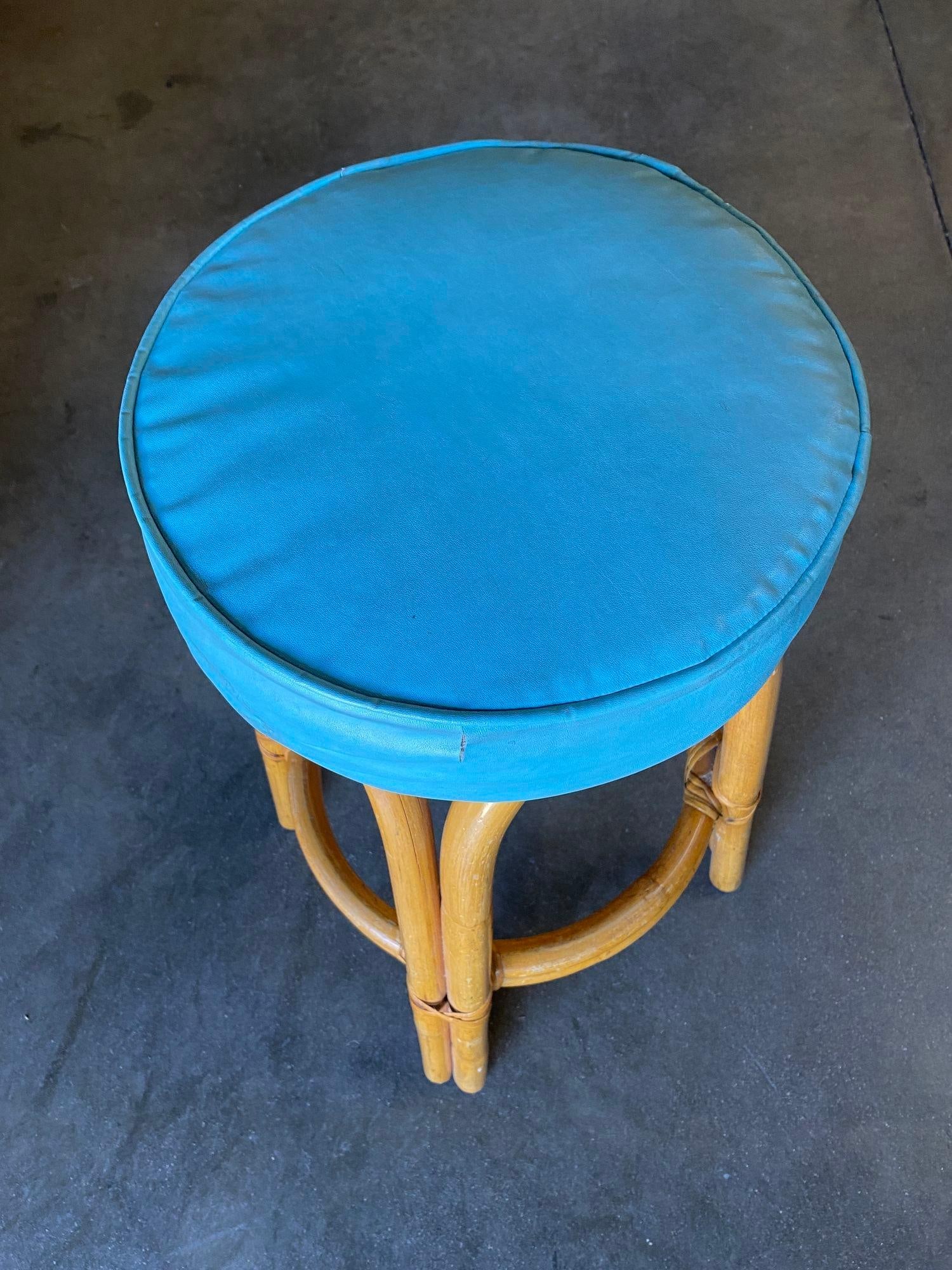 Restored Single Stand Arched Rattan Bar Stool w/ Teal Green Seat, Set of Four - 4
