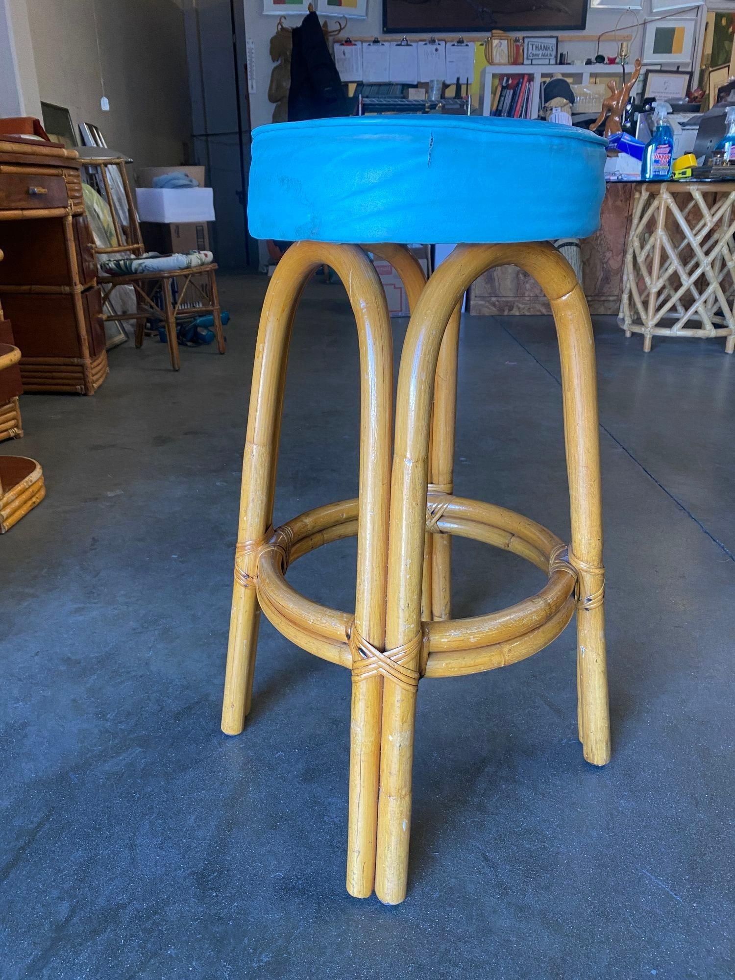 Restored Single Stand Arched Rattan Bar Stool w/ Teal Green Seat, Set of Four - 5