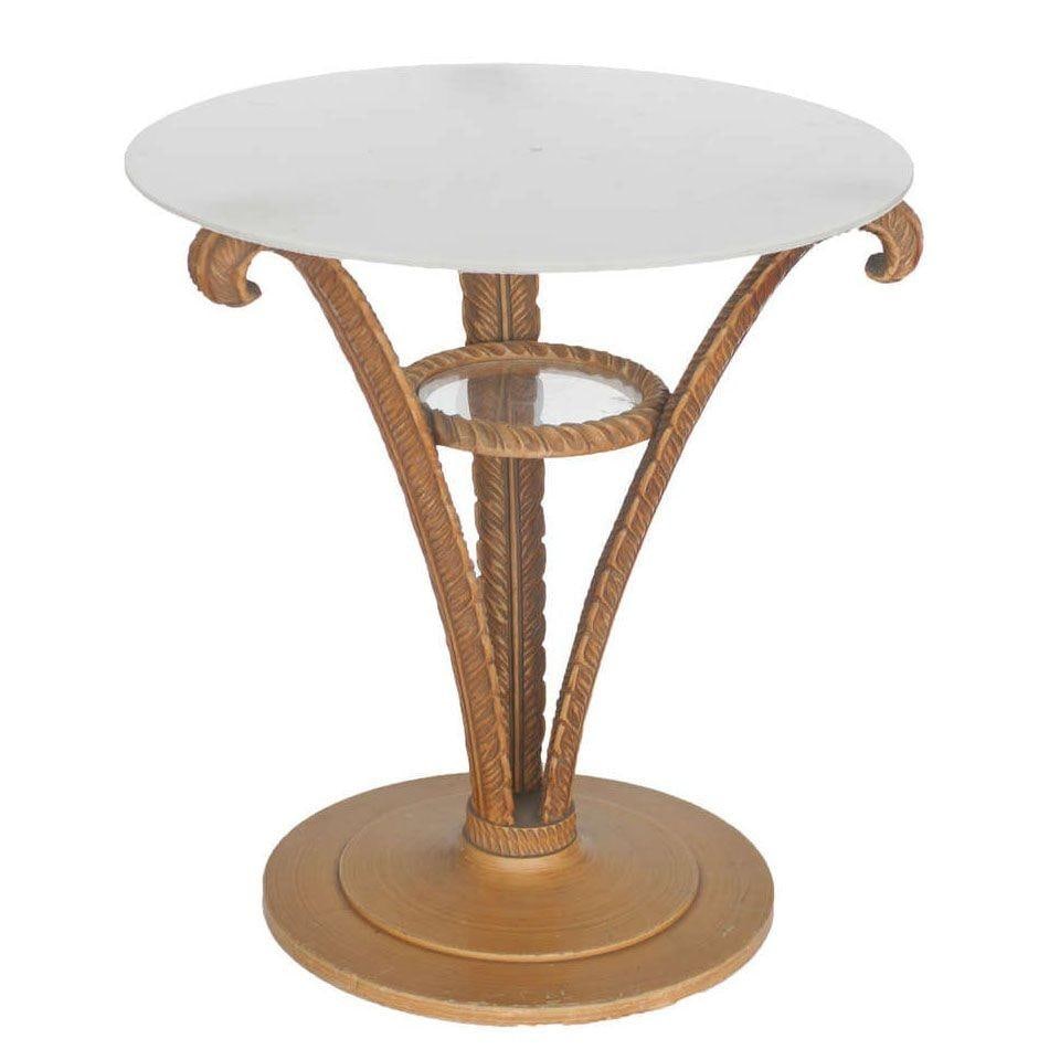 Art Deco Sculpted Wood Plume Round Pedestal Side Table by Grosfeld House, Pair - 2