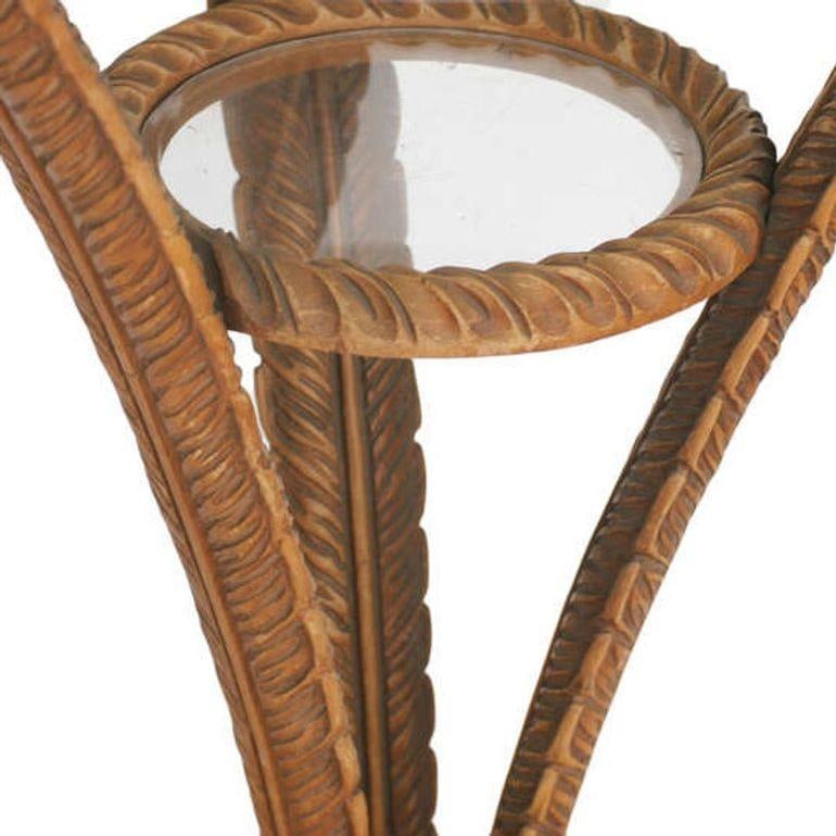 Art Deco Sculpted Wood Plume Round Pedestal Side Table by Grosfeld House, Pair - 4