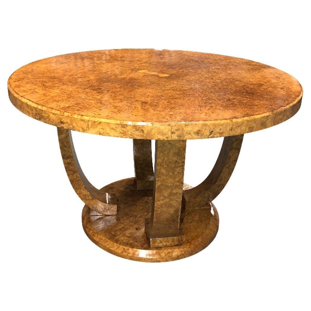 Restored Art Deco Jules Leleu Round Oak Burled Wood Table: Title: Restored Art Deco Jules Leleu Round Oak Burled Wood Table Description: Jules Leleu was a celebrated French designer known for his refined Art Deco furniture and interiors. Active in the early t