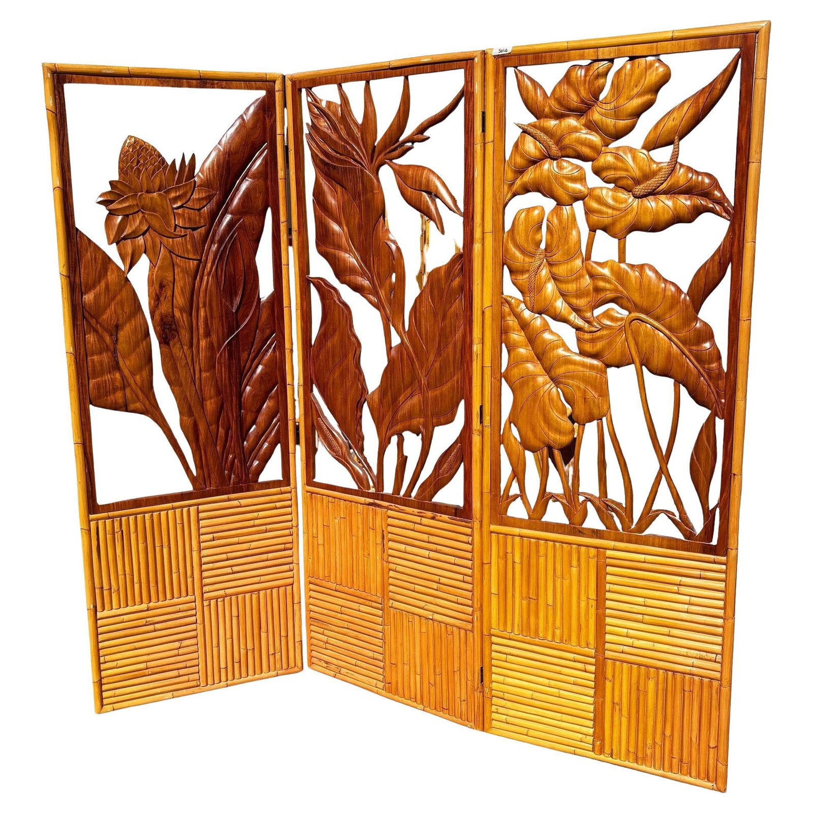 3 Panel Mid-Century Carved Koa Wood & Stacked Rattan Folding Screen (1 of 5)