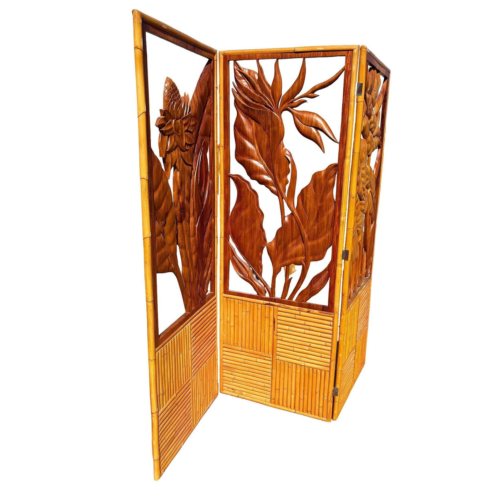 3 Panel Mid-Century Carved Koa Wood & Stacked Rattan Folding Screen - 2