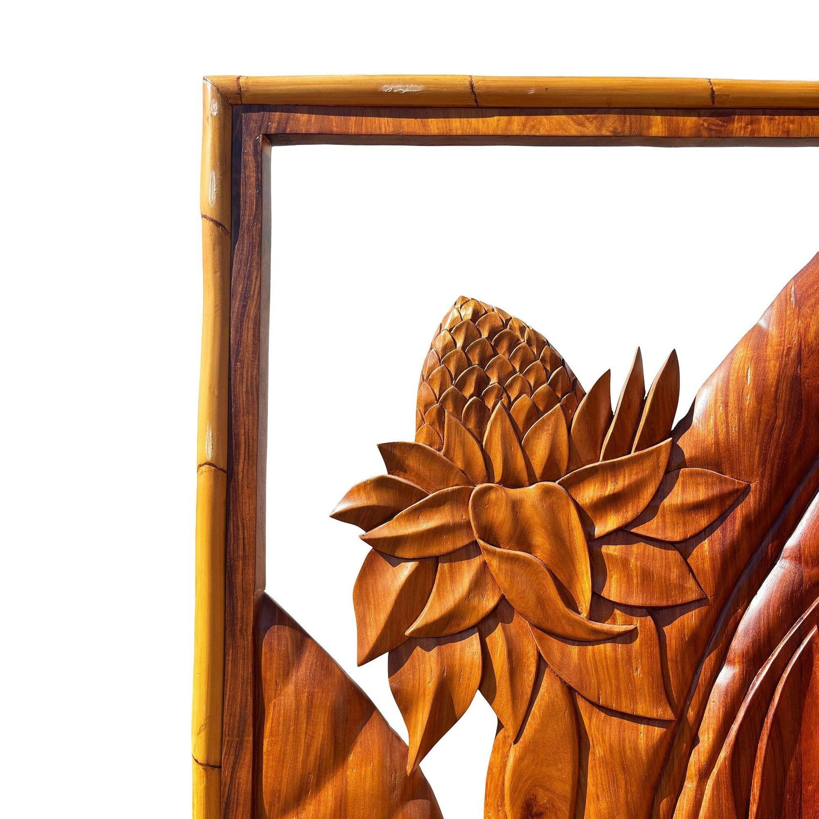 3 Panel Mid-Century Carved Koa Wood & Stacked Rattan Folding Screen - 4