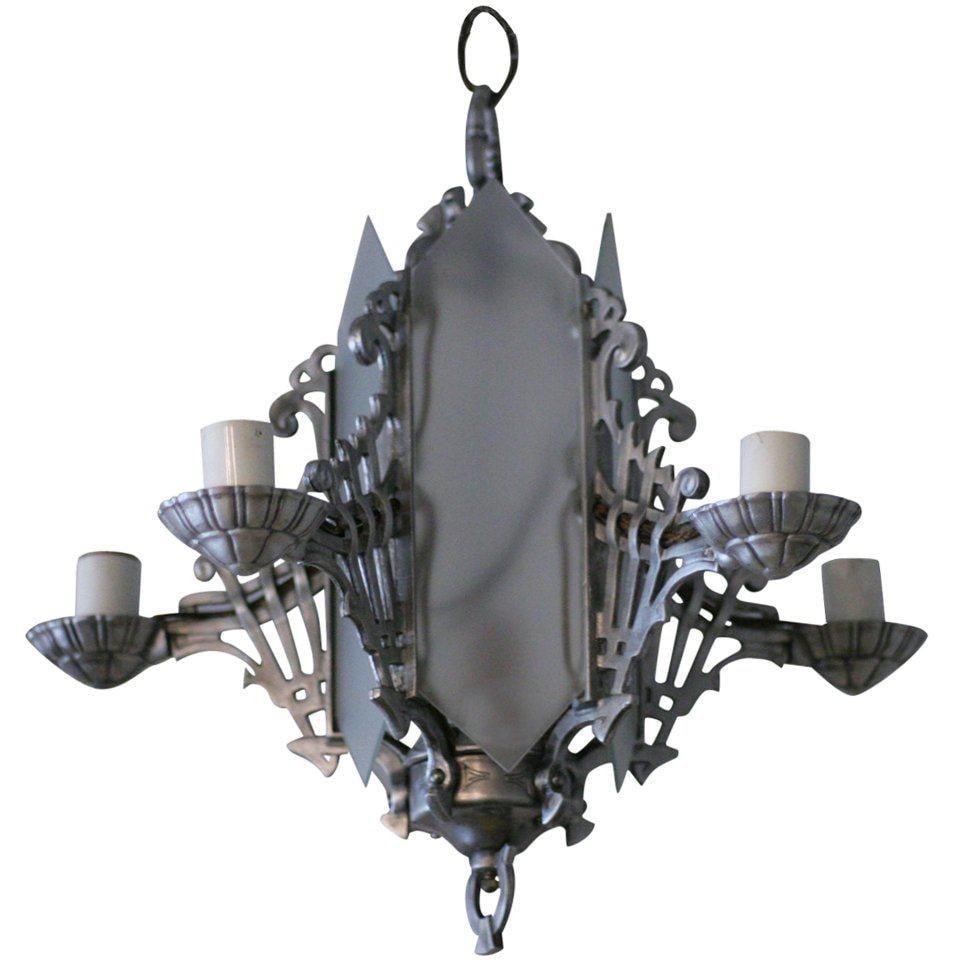 Art Deco Chandelier With Geometric Details and Frosted Glass - 5
