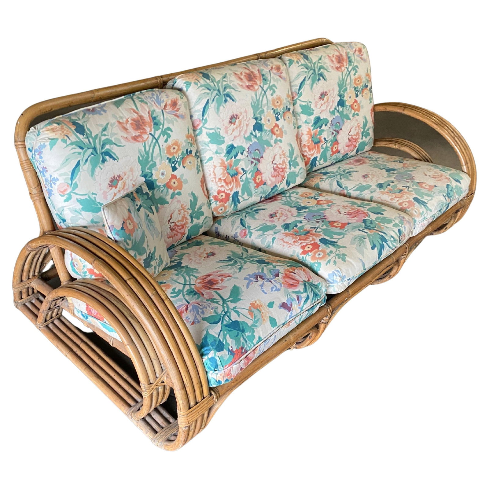 Restored Double D Loop Half Moon Rattan Four-Strand 3 Seater Sofa: Title: Restored Double D Loop Half Moon Rattan Four-Strand 3 Seater Sofa Description: Rattan lounge, with what we at the shop called the "Half Moon", four-strand sidearms in a double D configuration. 