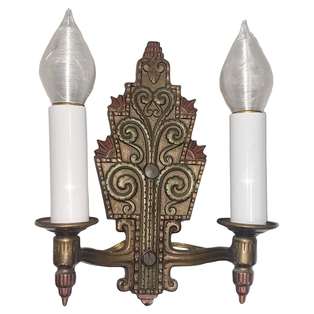 1920s Geometric Stepped Art Deco Daul Arm Bronze Wall Sconce by Crescent Brass (1 of 5)