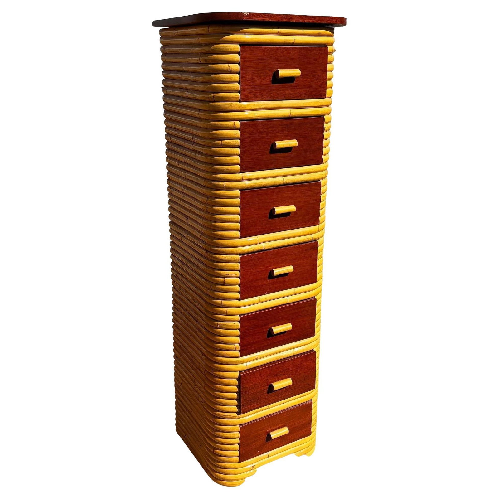 Restored Paul Frankl Style Stacked Rattan & Mahogany Petite Chest of 7 Drawers: Title: Restored Paul Frankl Style Stacked Rattan & Mahogany Petite Chest of 7 Drawers Description: Restored Art Deco era rattan chest of drawers with a mahogany top and seven pull-out mahogany
