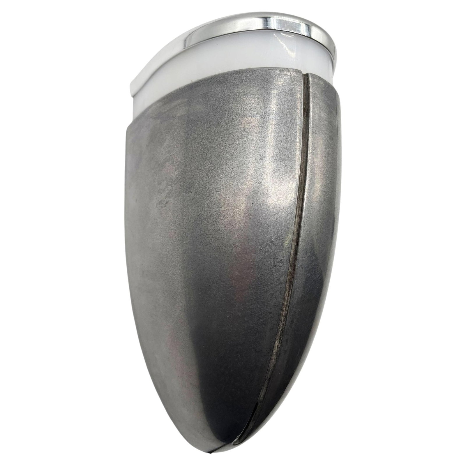 A Machine Age Streamline Brushed Aluminum Wall Sconce, 13 Available: Title: A Machine Age Streamline Brushed Aluminum Wall Sconce, 13 Available Description: One brushed aluminum Streamline Art Deco wall sconce featuring a round body with a lucite cutout for accent