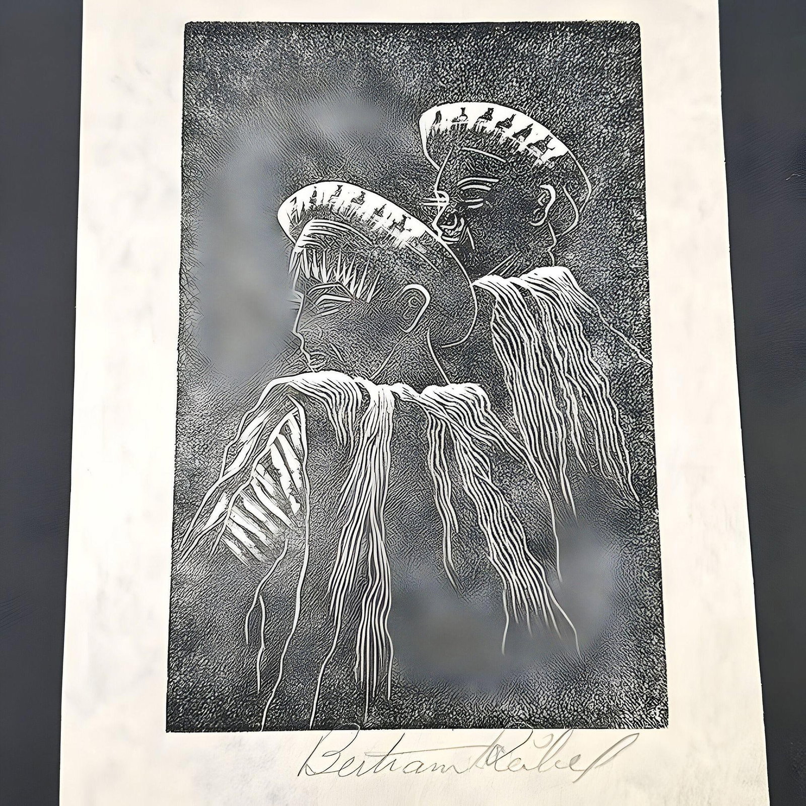 Pair of Wood Block Engraving Prints by Bertram Reibel signed in Frame - 2