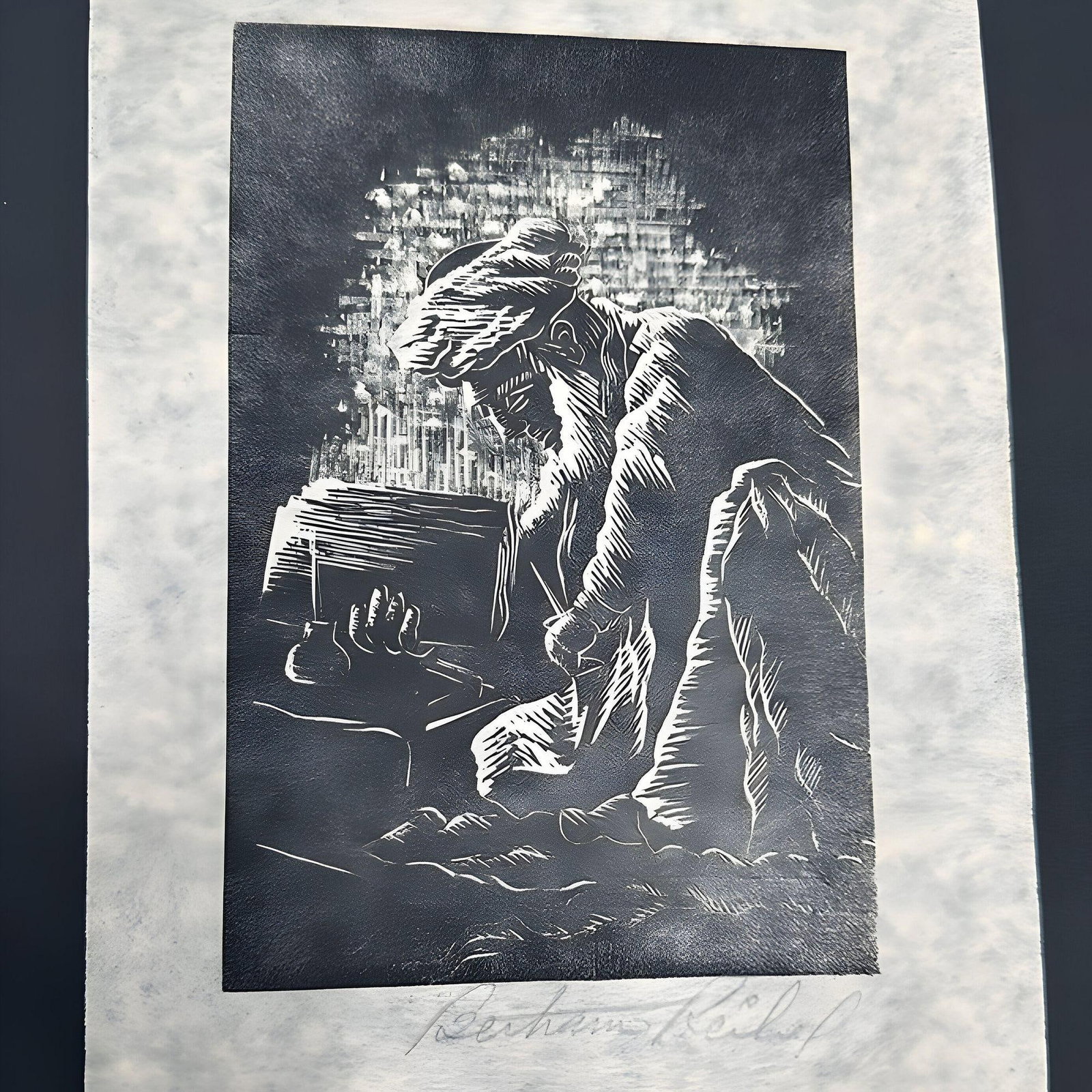Pair of Wood Block Engraving Prints by Bertram Reibel signed in Frame - 4