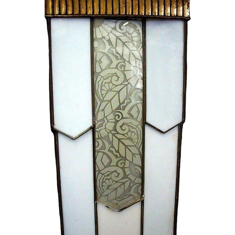 Art Deco Geometric Leaded Glass Grand Theater Chandelier w/ Bronze Scrolling Top - 2