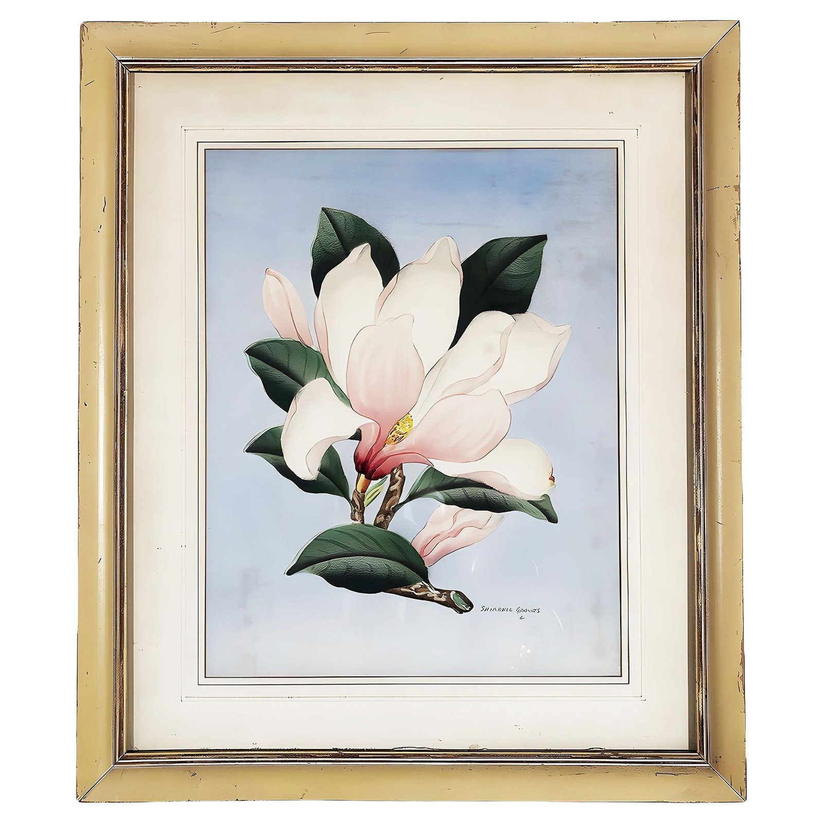 White/Pink Magnolia Watercolor Painting on Paper Signed Shirrell Graves, Framed (1 of 4)