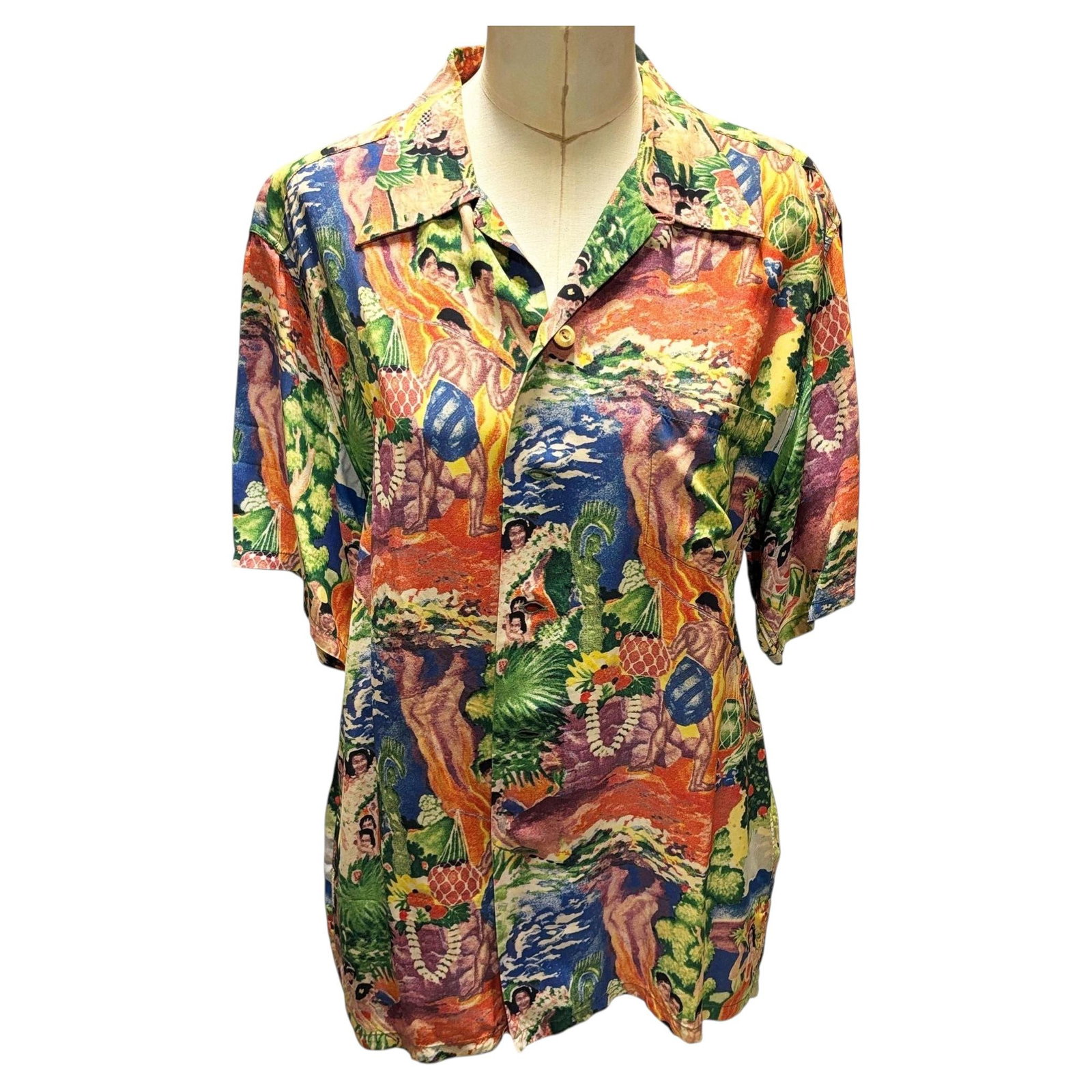 Eugene Savage Feast Hawaiian Mens Large Coconut Button Rayon Shirt by Kamehameha: Title: Eugene Savage Feast Hawaiian Mens Large Coconut Button Rayon Shirt by Kamehameha Description: This vibrant Tropical theme short-sleeved button-down shirt is a great example of Mid-century