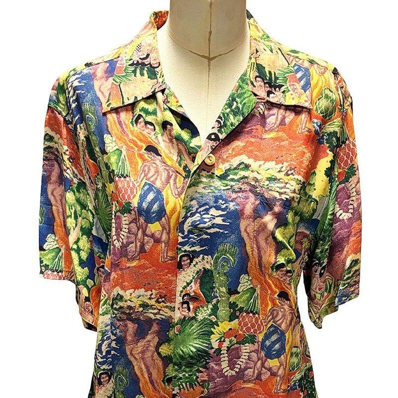 Eugene Savage Feast Hawaiian Mens Large Coconut Button Rayon Shirt by Kamehameha - 3