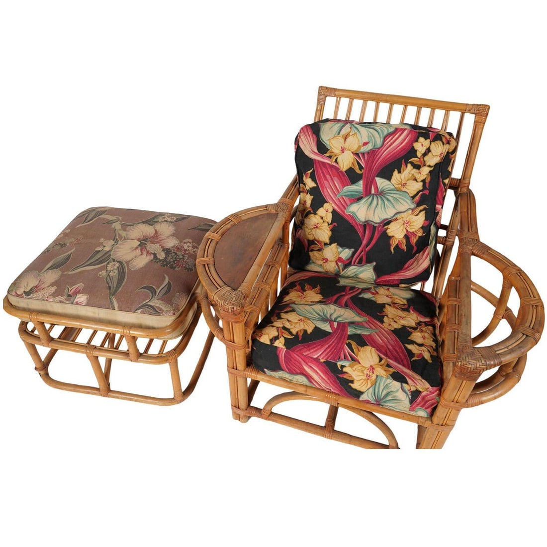 Rare MCM Stepped Rattan Sofa Chair Ottoman Livingroom Set w/ Built in End tables - 4