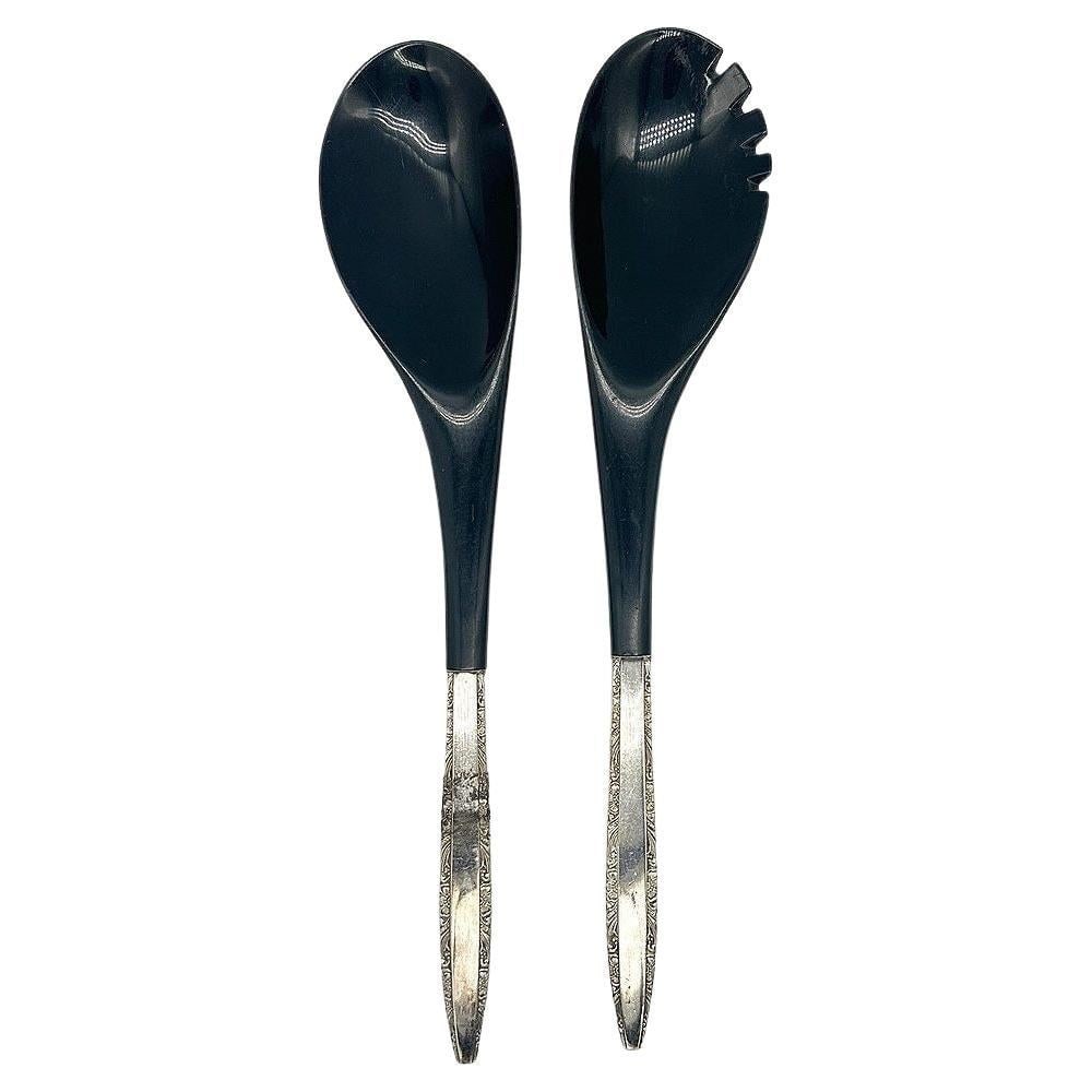 Modernist Sterling Salad Servers by Wallace Silver: Title: Modernist Sterling Salad Servers by Wallace Silver Description: Mid-cetury sterling silver salad servers with black nylon ends. The set is by Wallace Silver in the Washington pattern. There is