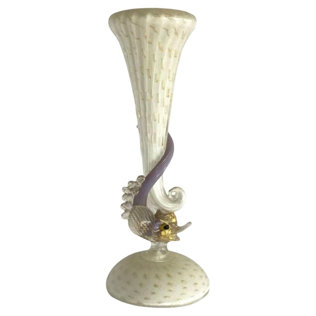 Mid-Century Venetian Murano Glass Dolphin Vase By Salviati: Title: Mid-Century Venetian Murano Glass Dolphin Vase By Salviati Description: A very fragile and delicate vintage Venetian Murano Glass-handled Dolphin vase by Salviati. It is in very good condition 
