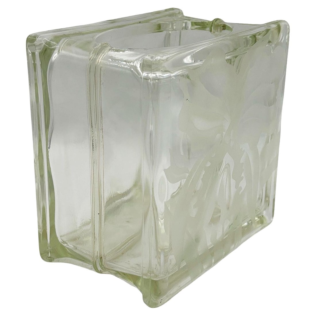 1970 Brutalist Postmodern Glass Block Table Vase w/ Acid Etched Hibiscus (1 of 5)