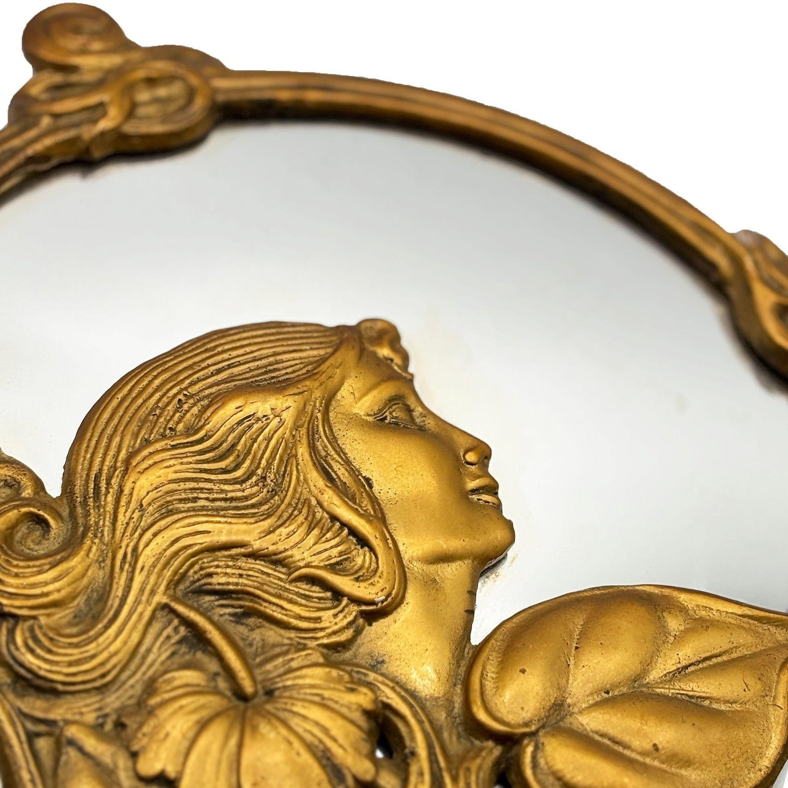 Cast Brass Art Nouveau Round Wall Mirror with Ivy Lady Portrait - 4