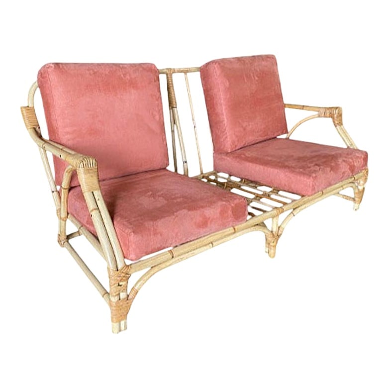 Mid-century 2-Strand Transitional Arm 3-Seat Petite Rattan Sofa w/ Arched Base: Title: Mid-century 2-Strand Transitional Arm 3-Seat Petite Rattan Sofa w/ Arched Base Description: This beautifully restored Mid-century two-strand transitional arm 3 seat sofa with arched base. This 