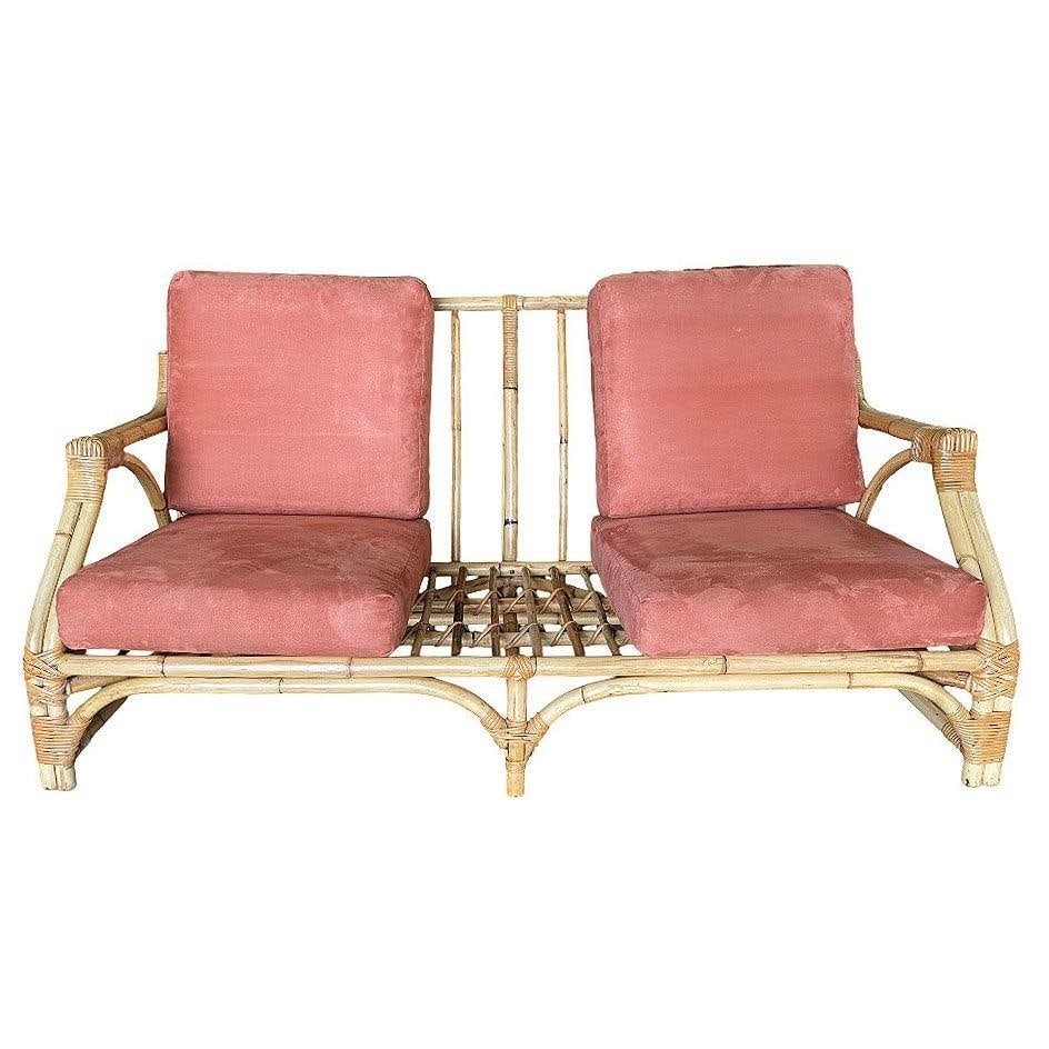 Mid-century 2-Strand Transitional Arm 3-Seat Petite Rattan Sofa w/ Arched Base - 2