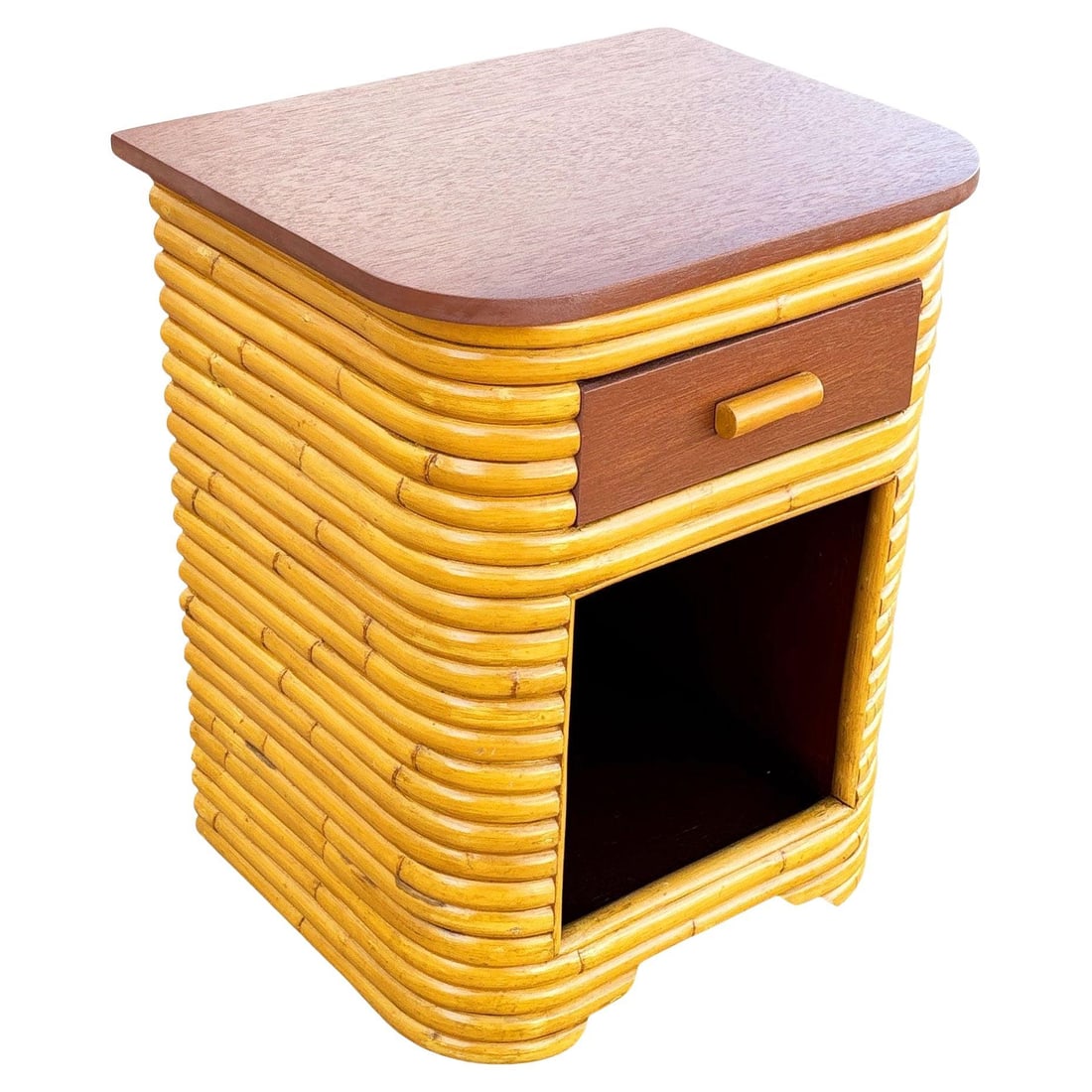 Restored Streamline Art Deco Stacked Rattan Bedside Table W/ Mahogany Top, Cubby: Title: Restored Streamline Art Deco Stacked Rattan Bedside Table W/ Mahogany Top, Cubby Description: This beautifully restored pair of streamlined Art Deco stacked rattan bedside tables each with a