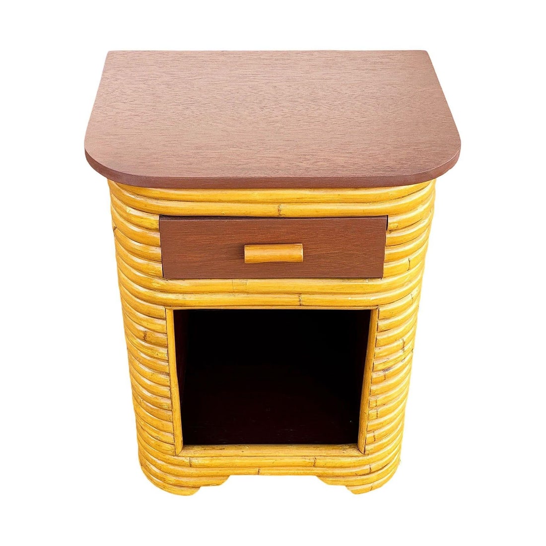 Restored Streamline Art Deco Stacked Rattan Bedside Table W/ Mahogany Top, Cubby - 2