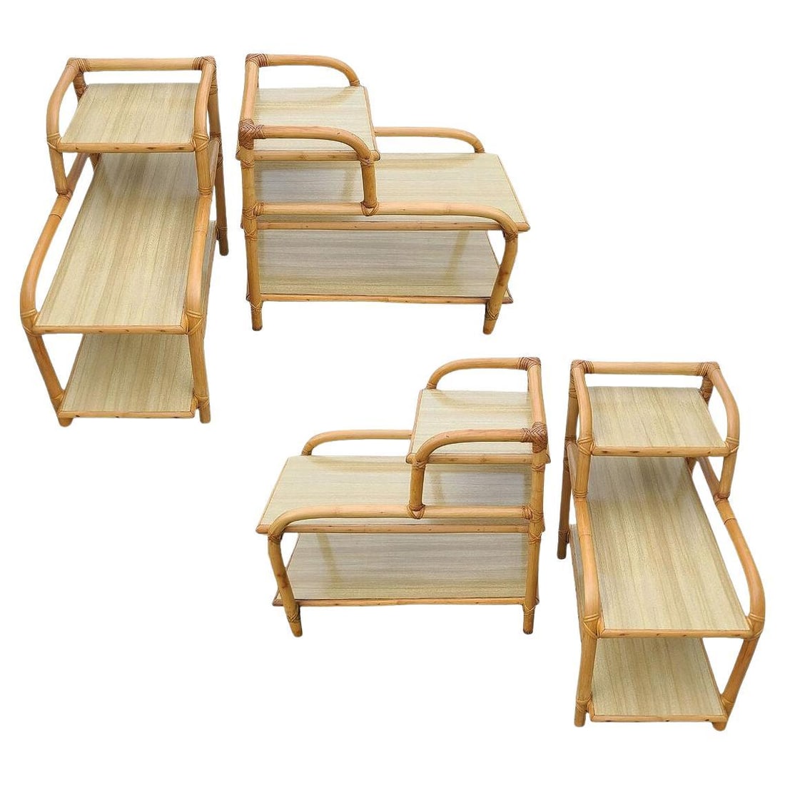 Restored Mid-century 3-Tier Rattan Side Lamp Table Living Room Set of 4: Title: Restored Mid-century 3-Tier Rattan Side Lamp Table Living Room Set of 4 Description: Beautifully restored set of four 3-tier side tables featuring a single stand frame with blond Formica tops
