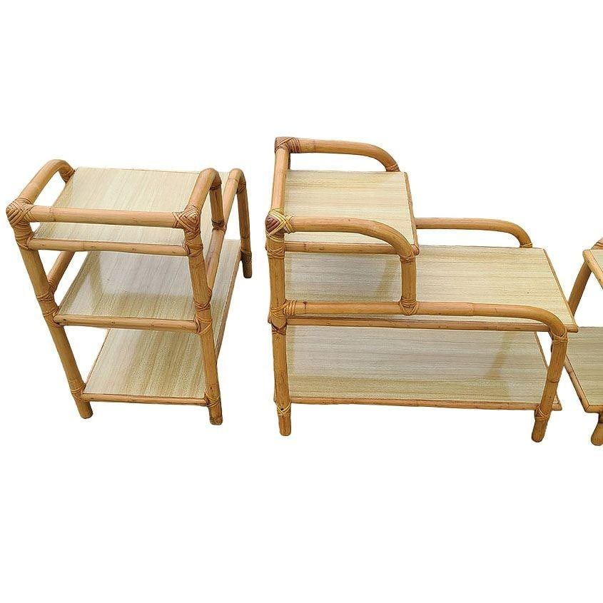 Restored Mid-century 3-Tier Rattan Side Lamp Table Living Room Set of 4 - 2