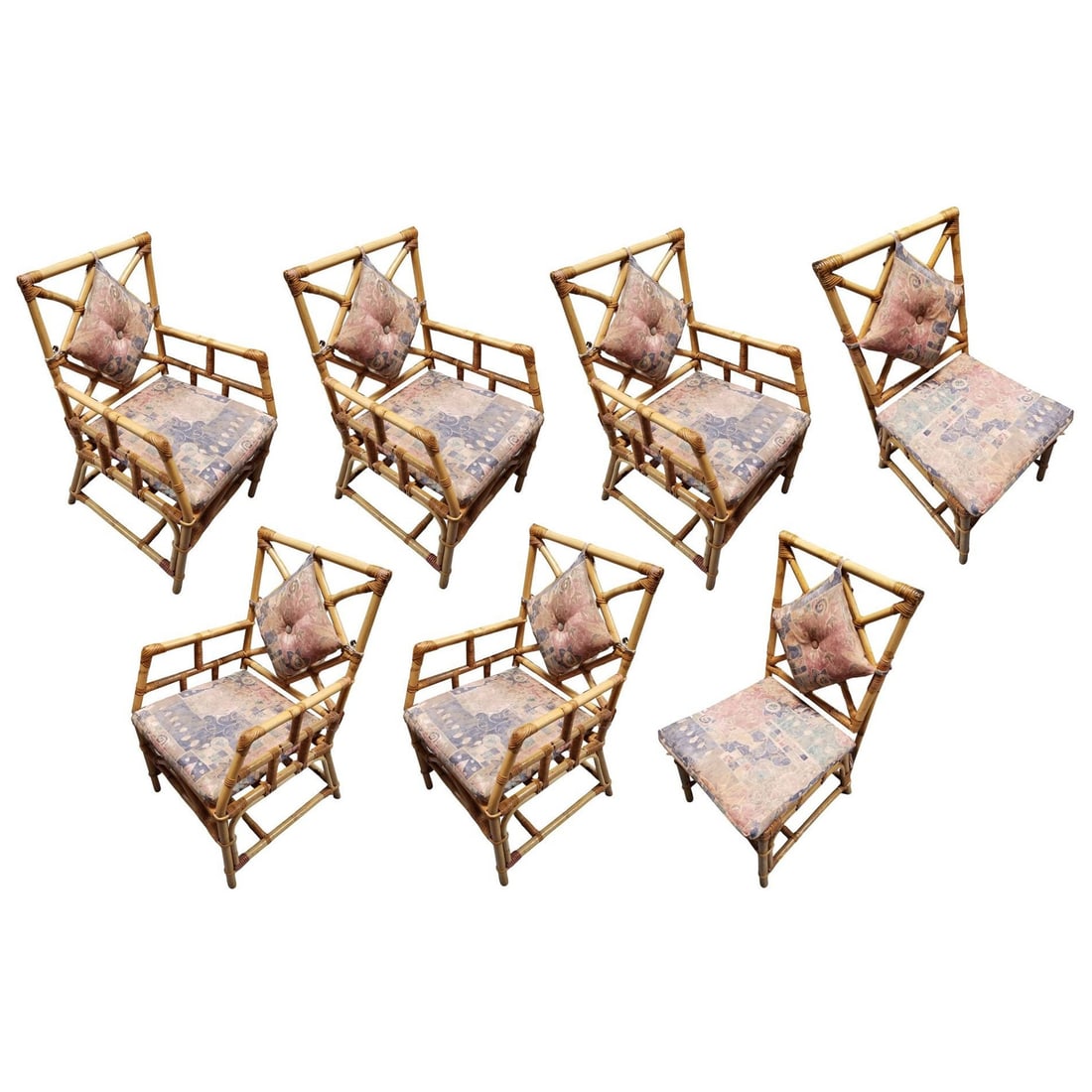 Restored Rattan Chippendale Style Dining Chairs with Diamond Back, Set of 7: Title: Restored Rattan Chippendale Style Dining Chairs with Diamond Back, Set of 7 Description: Set of seven vintage restored premium rattan Chippendale-style dining room armchairs. Each chair