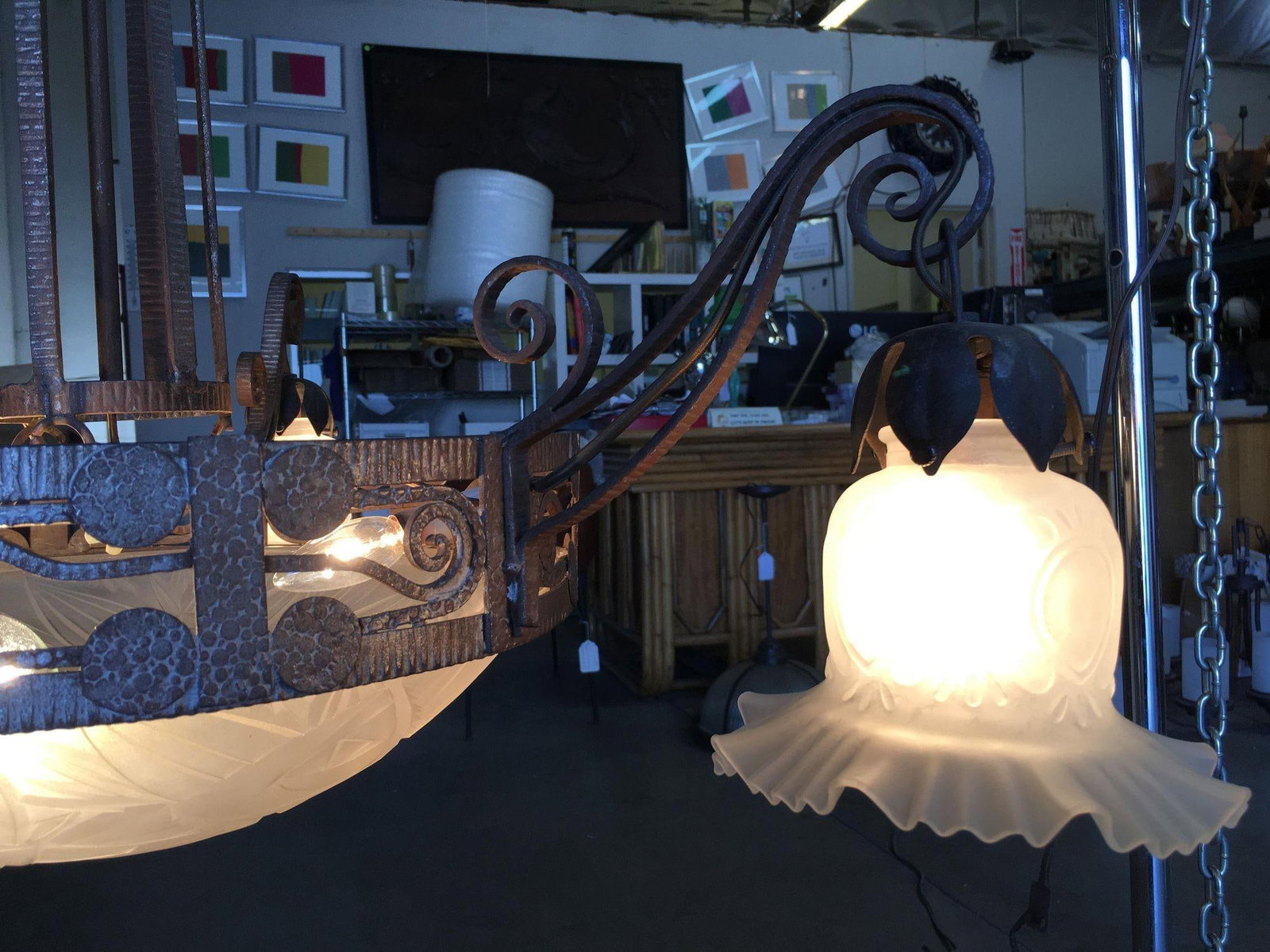 Hand Forged Mission Style Chandelier With Cut Glass Shades - 2