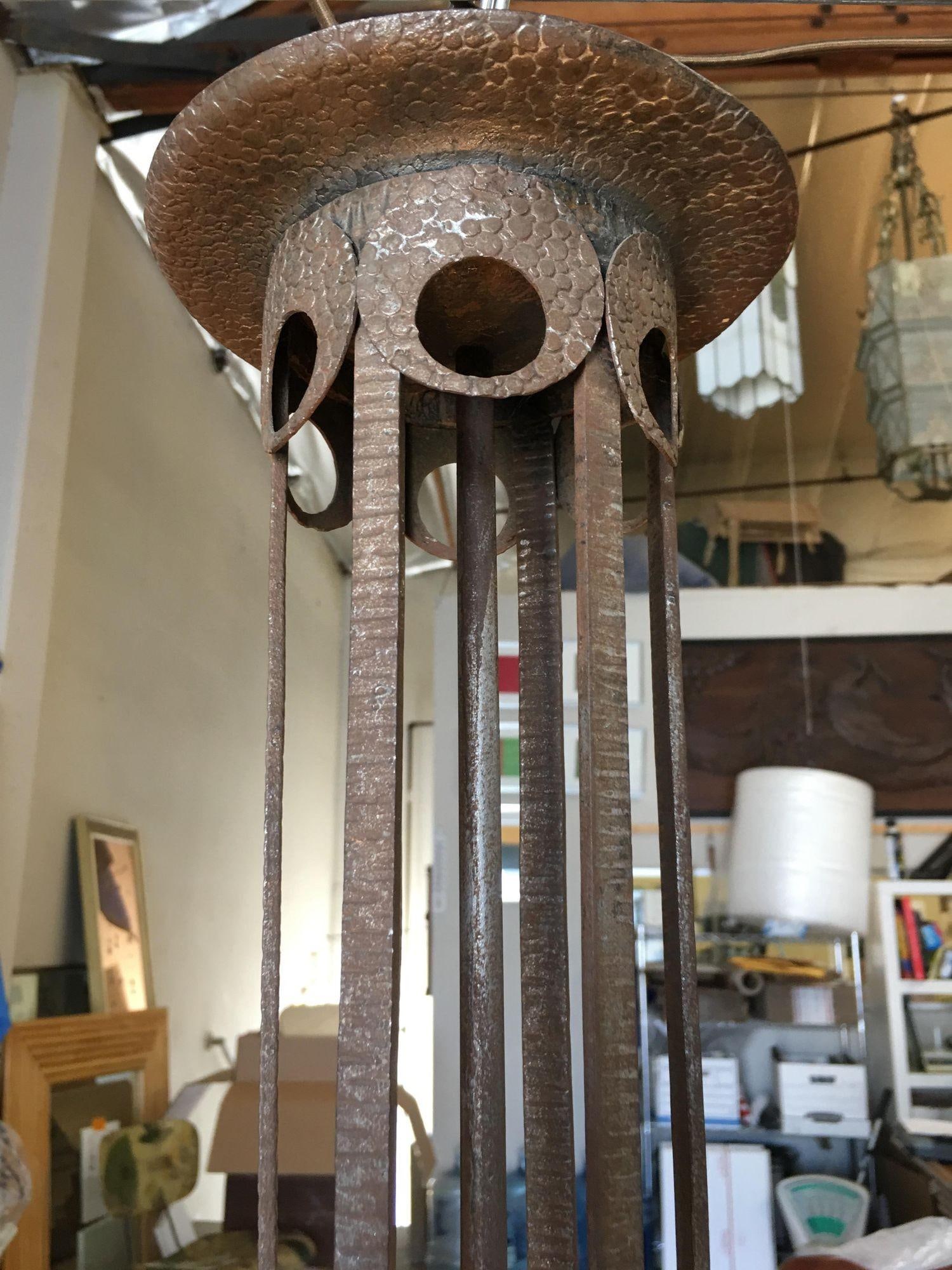 Hand Forged Mission Style Chandelier With Cut Glass Shades - 4