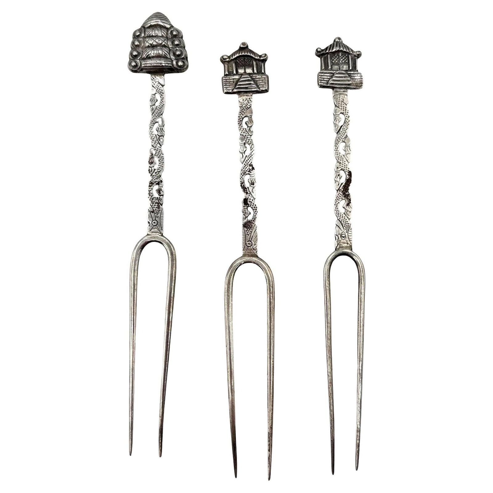 Victorian 1890 Chinese Export Silver Pickle Cocktail Fork, Set of 3: Title: Victorian 1890 Chinese Export Silver Pickle Cocktail Fork, Set of 3 Description: For your consideration, we have this beautiful Chinese export silver pickle fork, made by Kwong Man Shing of