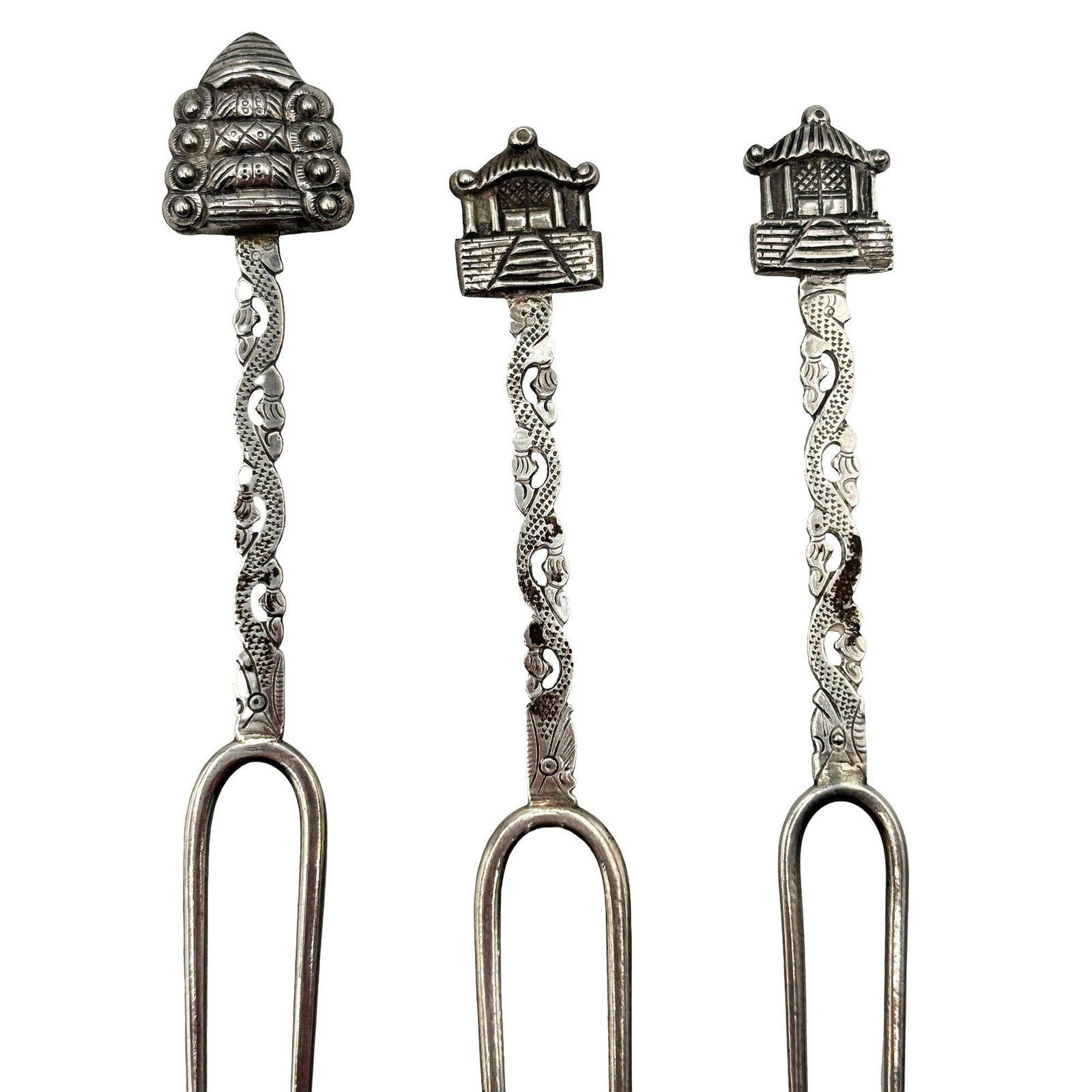 Victorian 1890 Chinese Export Silver Pickle Cocktail Fork, Set of 3 - 3