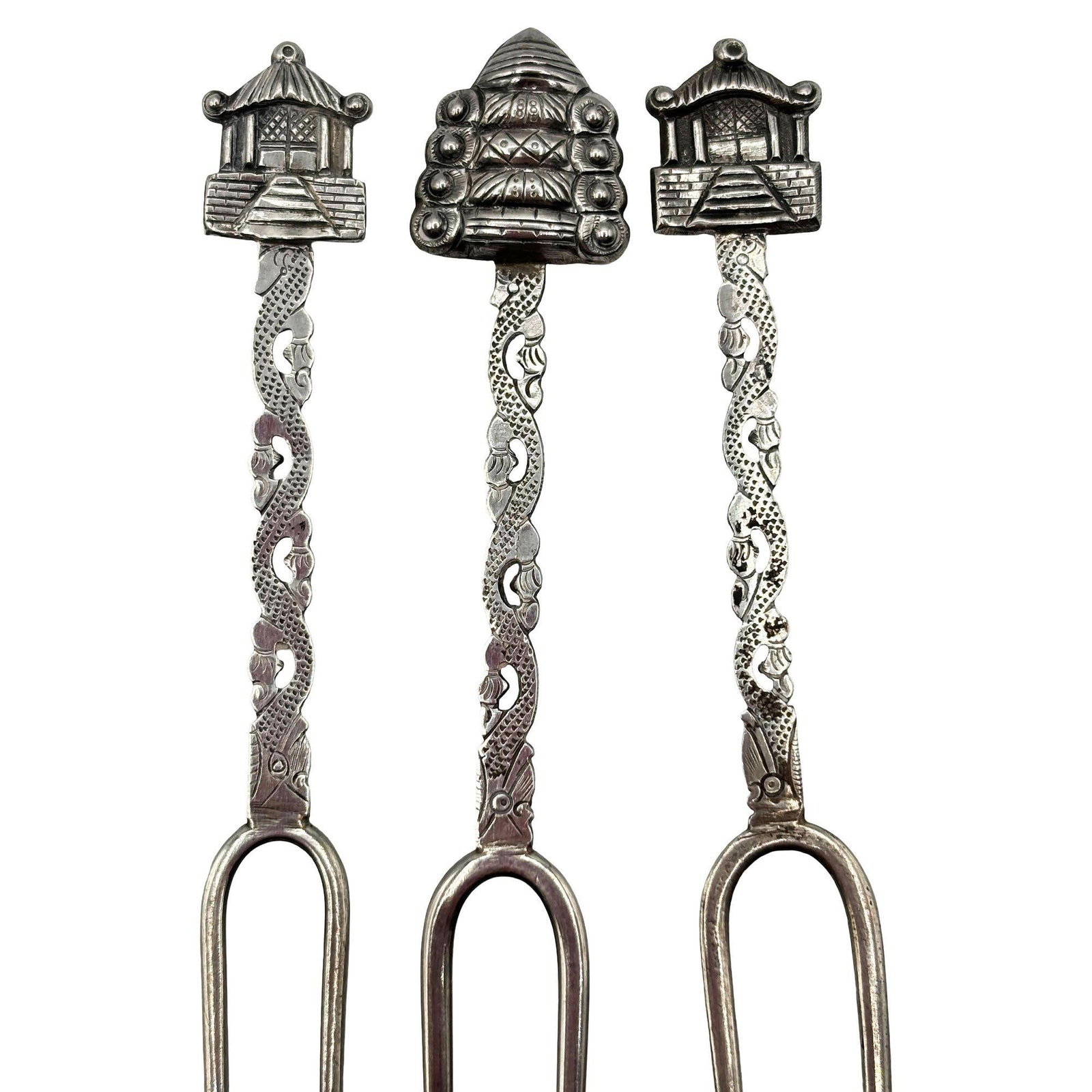 Victorian 1890 Chinese Export Silver Pickle Cocktail Fork, Set of 3 - 4