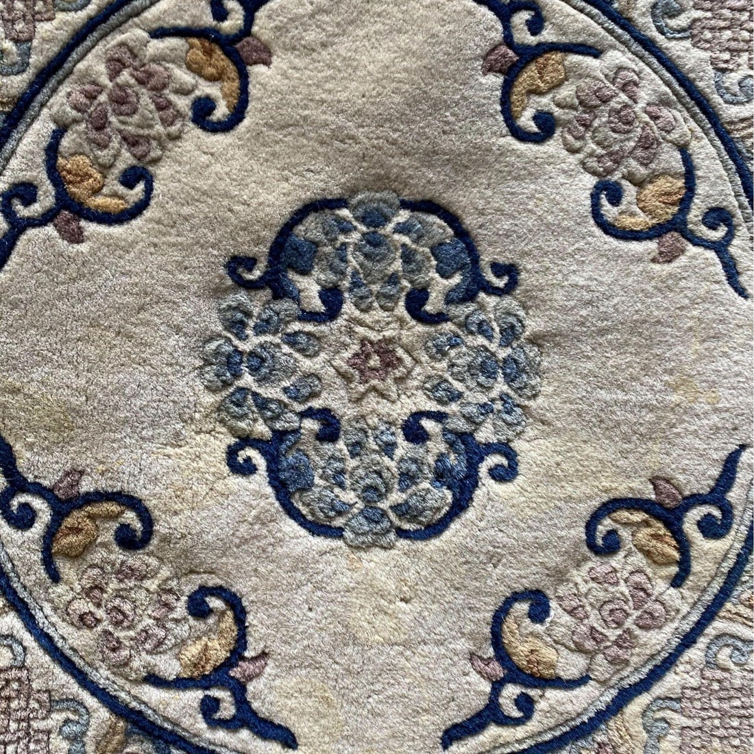 Post War Deep Pile Hand Knotted Silk Round Asian Rug, Signed - 2