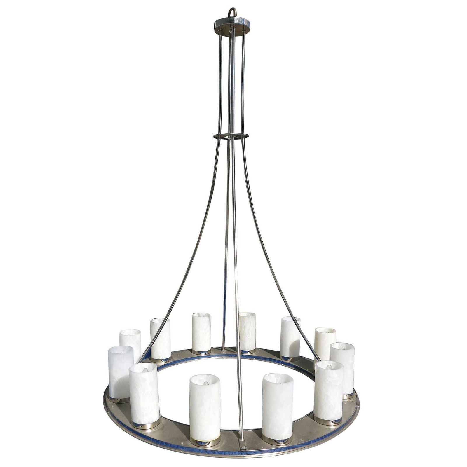 Large Modernist Twelve-Light Nickel Finished Chandelier: Title: Large Modernist Twelve-Light Nickel Finished Chandelier Description: Large modernist twelve-light nickel finished chandelier with four pole design and acrylic shades. Dimensions: 62" height x 4