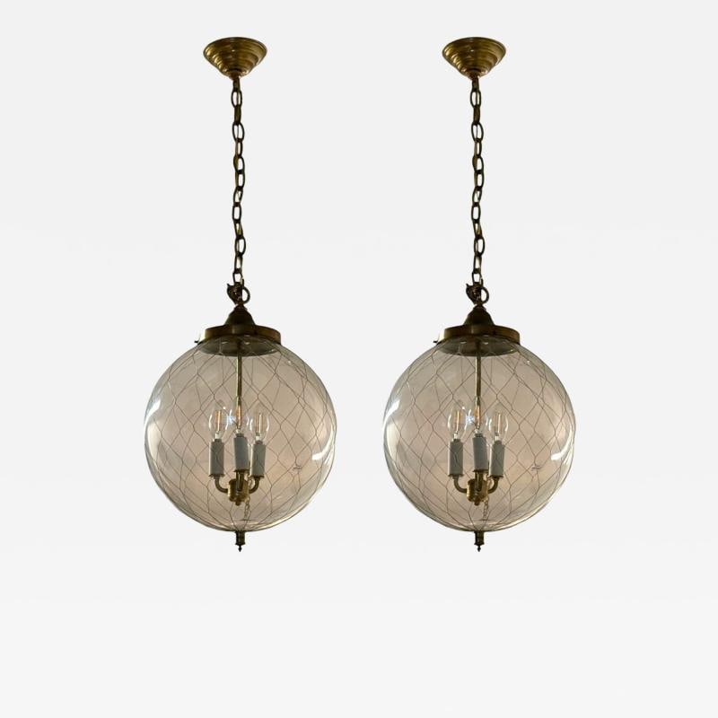 French Mid Century Modern, Brass, Blown Glass, Globe Pendant Lights,1950s - 2