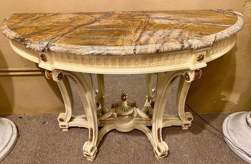 Demilune Console Hollywood Regency Style Marble-Top with Beveled Mirror Back - 2