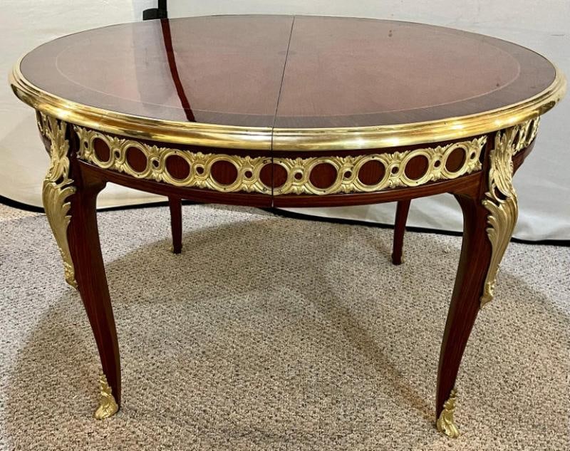 Louis XV Style French Dining Table, Bronze Mounted Starburst Top, Refinished - 3