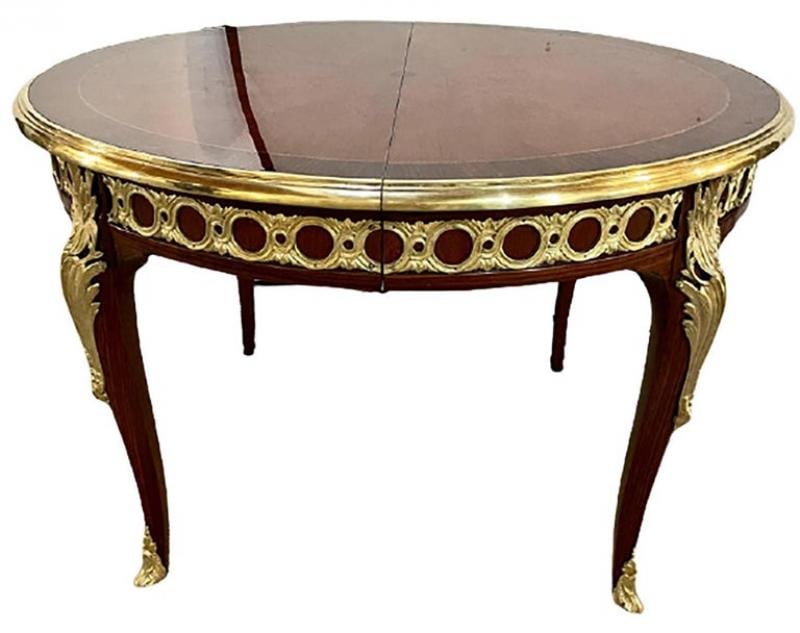 Louis XV Style French Dining Table, Bronze Mounted Starburst Top, Refinished - 9