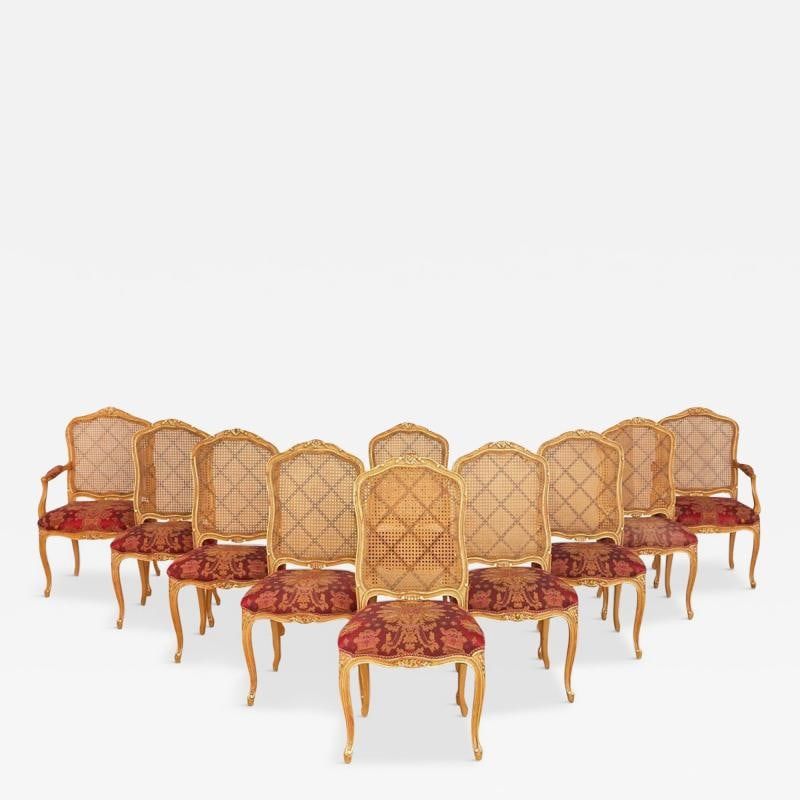 Set of Ten Louis XV Style Dining / Side Chairs, Clayed Gilt and Cane, French: Title: Set of Ten Louis XV Style Dining / Side Chairs, Clayed Gilt and Cane, French Description: Description 1: Set of Ten Louis XV Style Dining / Side Chairs, Clayed Gilt and Cane A stunning set of f