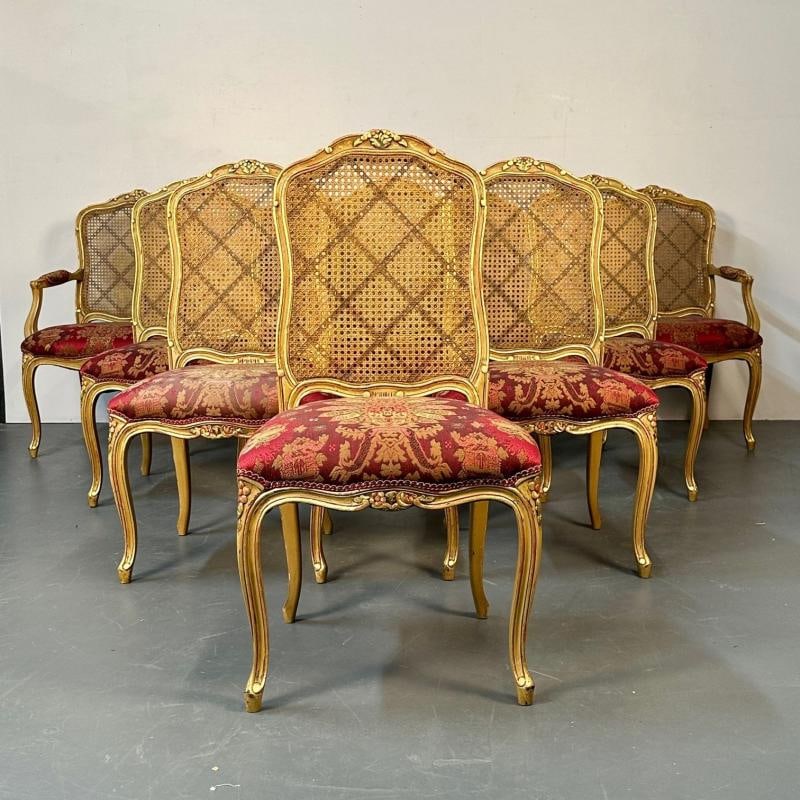 Set of Ten Louis XV Style Dining / Side Chairs, Clayed Gilt and Cane, French - 3