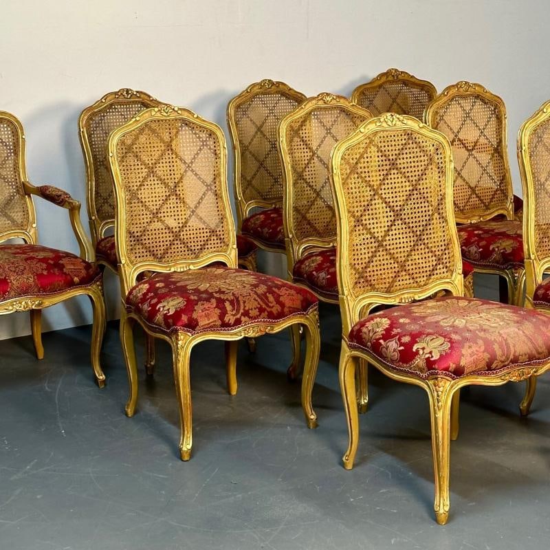 Set of Ten Louis XV Style Dining / Side Chairs, Clayed Gilt and Cane, French - 6