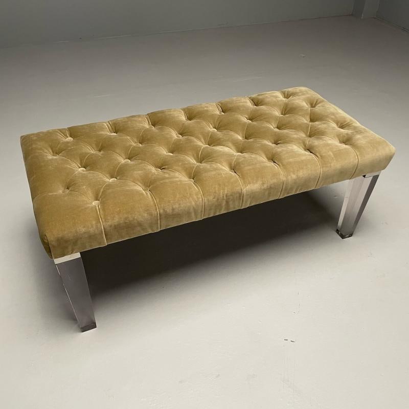 Contemporary, Modern Tufted Window Bench, Chrome, Acrylic, Green Velvet, 2010s - 4