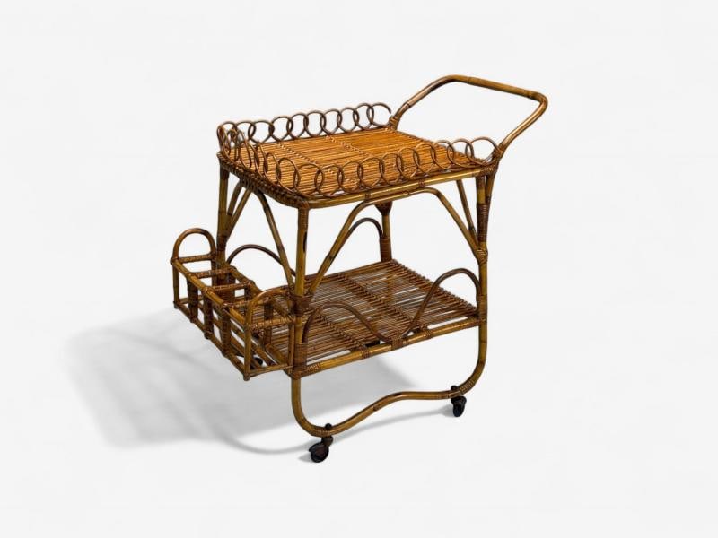 Italian Modern, Bamboo, Rattan, Metal, Bar Cart, Italy, 1960s - 2